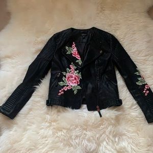 Topshop Faux Leather Jacket with Embroidery